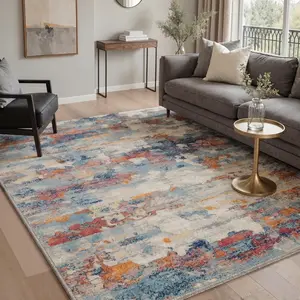 【Summervibes】GENIMO Washable Rug Low Pile Lightweight Non Slip with Modern Abstract Brush Strokes Print Pattern for Living Room, Bedroom, Dining Room, Home Office, Dusty Rust