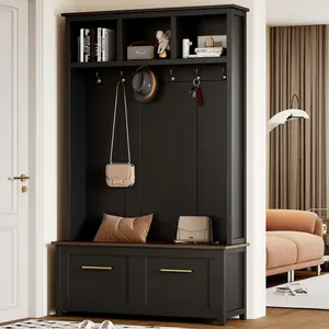 Versatile 4-in-1 Hall Tree with 6 Golden Hooks, Wood Grain Bench with Multiple Storage Space, Entryway Coat Rack with 2 Drawers for Living Room, Hallway