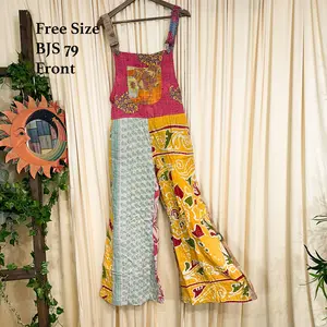 Boho Kantha Wide  Leg Jumpsuit, Cotton Flowy Dungarees, Bohemian Overalls, Hippie Bell Bottom Summer Rompers, Retro Free Spirit, Vintage Vibe