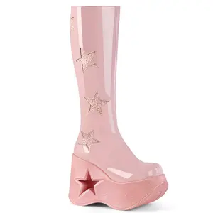 Demonia Dynamite-218 Baby Pink Patent-Baby Pink Multi Gliter Knee-high Boots
