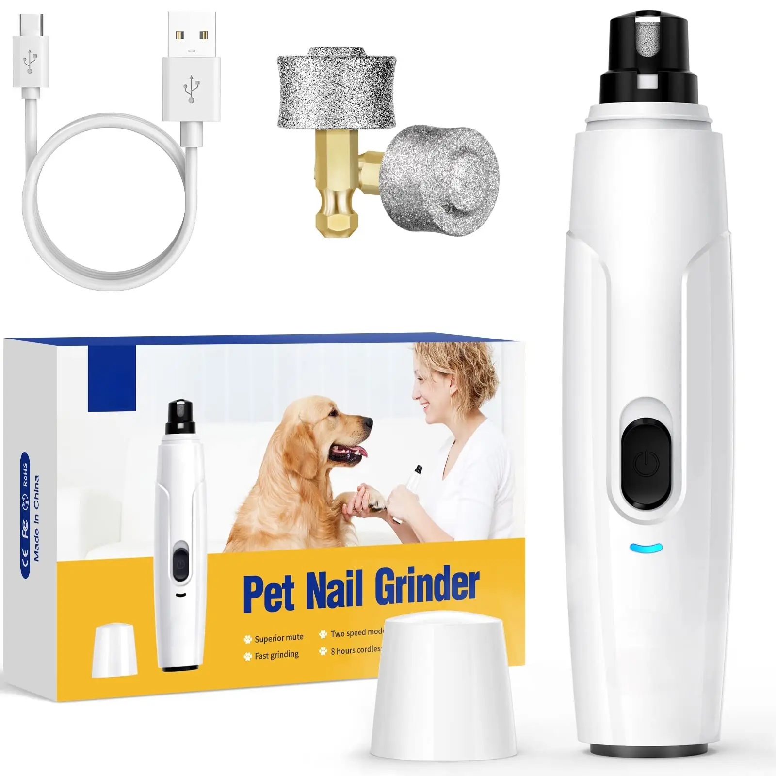 Upgraded Dog Nail Grinder - Super Quiet, Rechargeable, 2-Speed, 2 Grinding Wheels for Small & Large Dogs and Cats Grooming