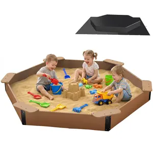 NAVINE HDPE Plastic Hexagonal Sandbox for Ages 3-12, 78"x68"x8" Heavy-Duty Weatherproof Backyard Sandpit with Cover, Liner & 6 Seats for Kids Outdoor Play