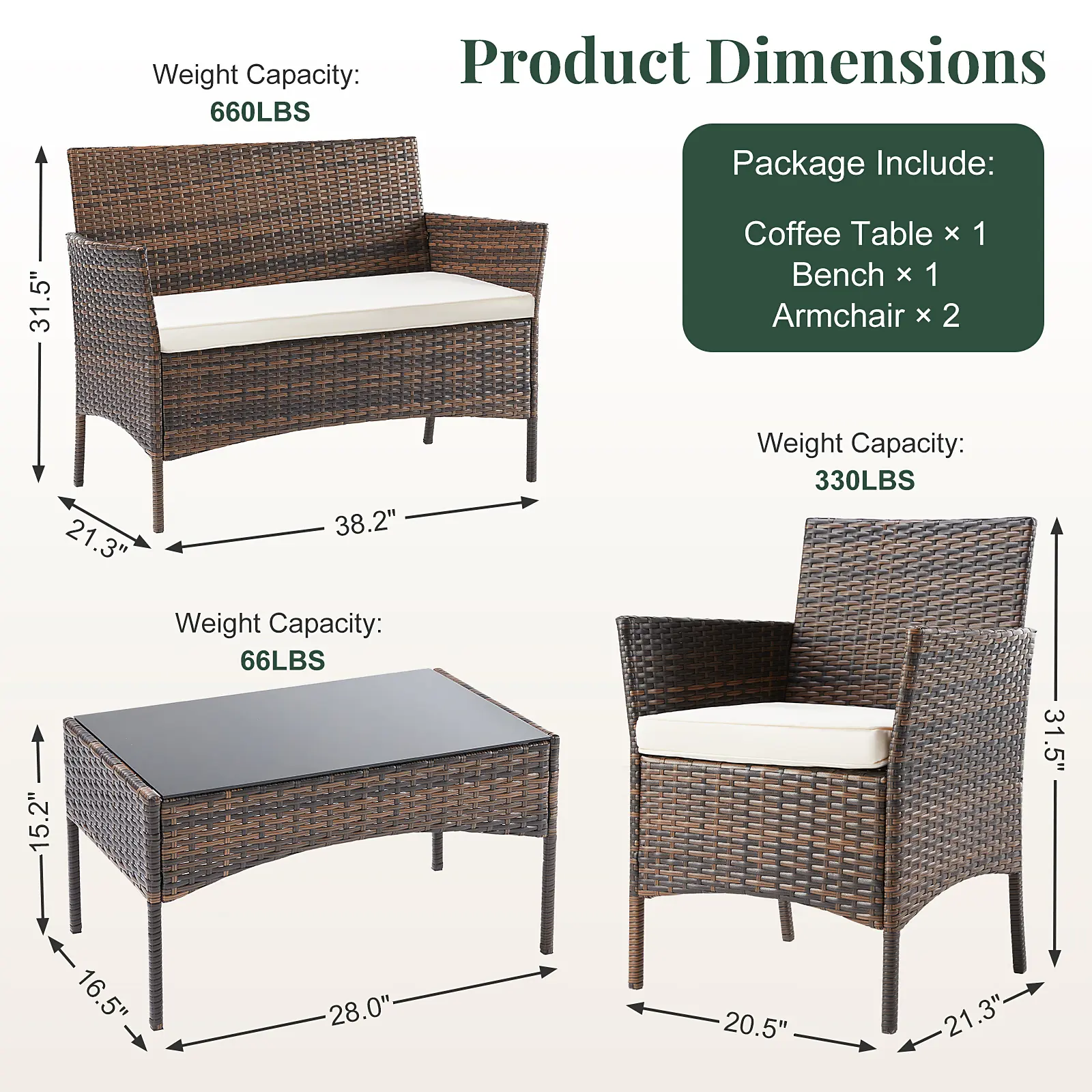 Brown - 4 Piece - 2 Single Chairs + 1 Double Chair + 1 Large Table