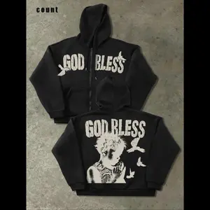 Angel Letter Print Hooded Unisex Cardigan, Loose Long Sleeve Zipper Jacket, Trendy Streetwear, Fashionable Casual