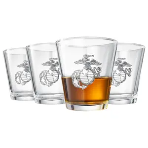 USMC Marine Whiskey & Wine Glasses Set of 4 - Anchor and Globe Engraved, 10oz Capacity - Drinkware