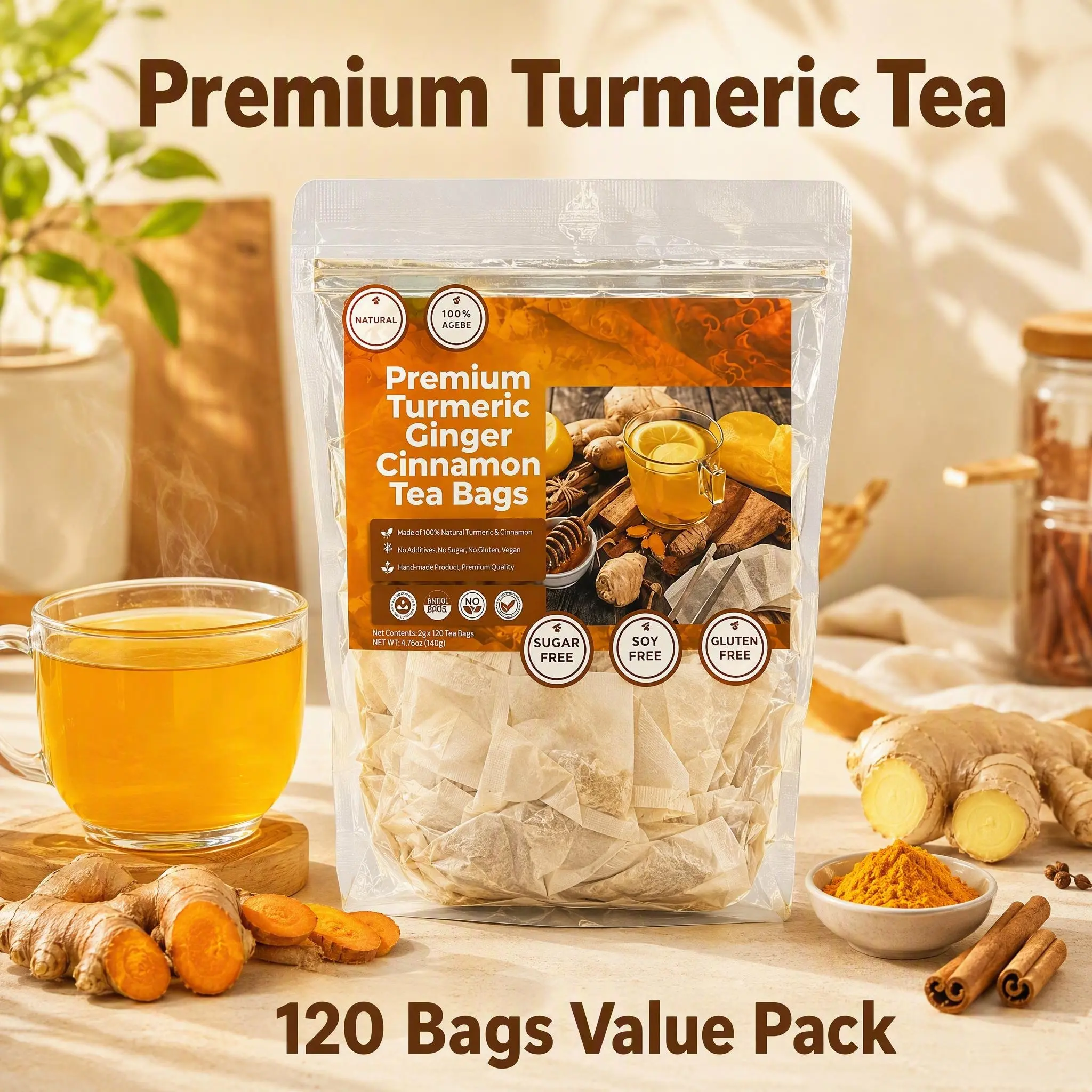 120 Tea Bags Ginger Turmeric Tea with Cinnamon, 240g, Stringless Paper Filter Bags, Everyday Herbal Drink antiinflamma eco-conscious flama daily wellness routine first harvest