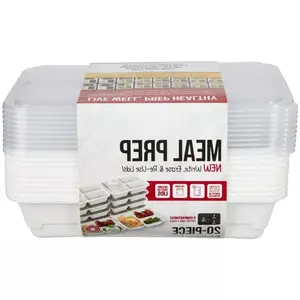 Meal Prep 3 Compartment Rectangle Containers + Lids - 4Cups - 20pcs/10ct - White
