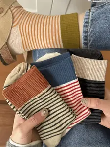 5 Pairs Women's Striped Crew Socks, College Style Thick Layered Socks, Side Stripe, Fall Winter Warm Multi-Color, Hand Wash Only, Ruffled Socks