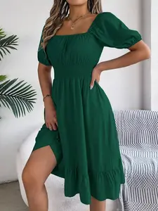 Women's Plain Ruffle Hem Shirred A Line Dress, Casual Fashion Dress, Casual Puff Sleeve Square Neck Knee Length Dress for Summer, Women's Clothing for Daily Wear, Womenswear