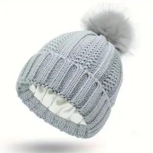 Womens Winter Beanie Hat Satin Lined Knitted Beanie Hat Warm Soft Ski Cap with Pom Pom for Hair Protection