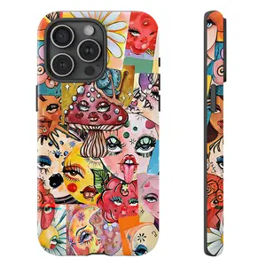 Psychedelic Trippy Mushroom & Face Art Phone Case , Shockproof Rugged Cover Dual Layer Soft TPU Bumper Hard Shell Design for iPhone 11 12 13 14 15 16 17 Pro Max Plus Air, Colorful Weirdcore Aesthetic Heavy-Duty Protection MagSafe Magnetic