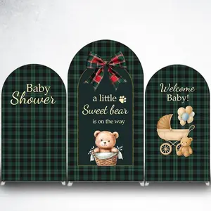 15-day 2D Flat Delivery Plaid Sweet Bear Arch Backdrop Cover for Plaid Baby Shower Decor