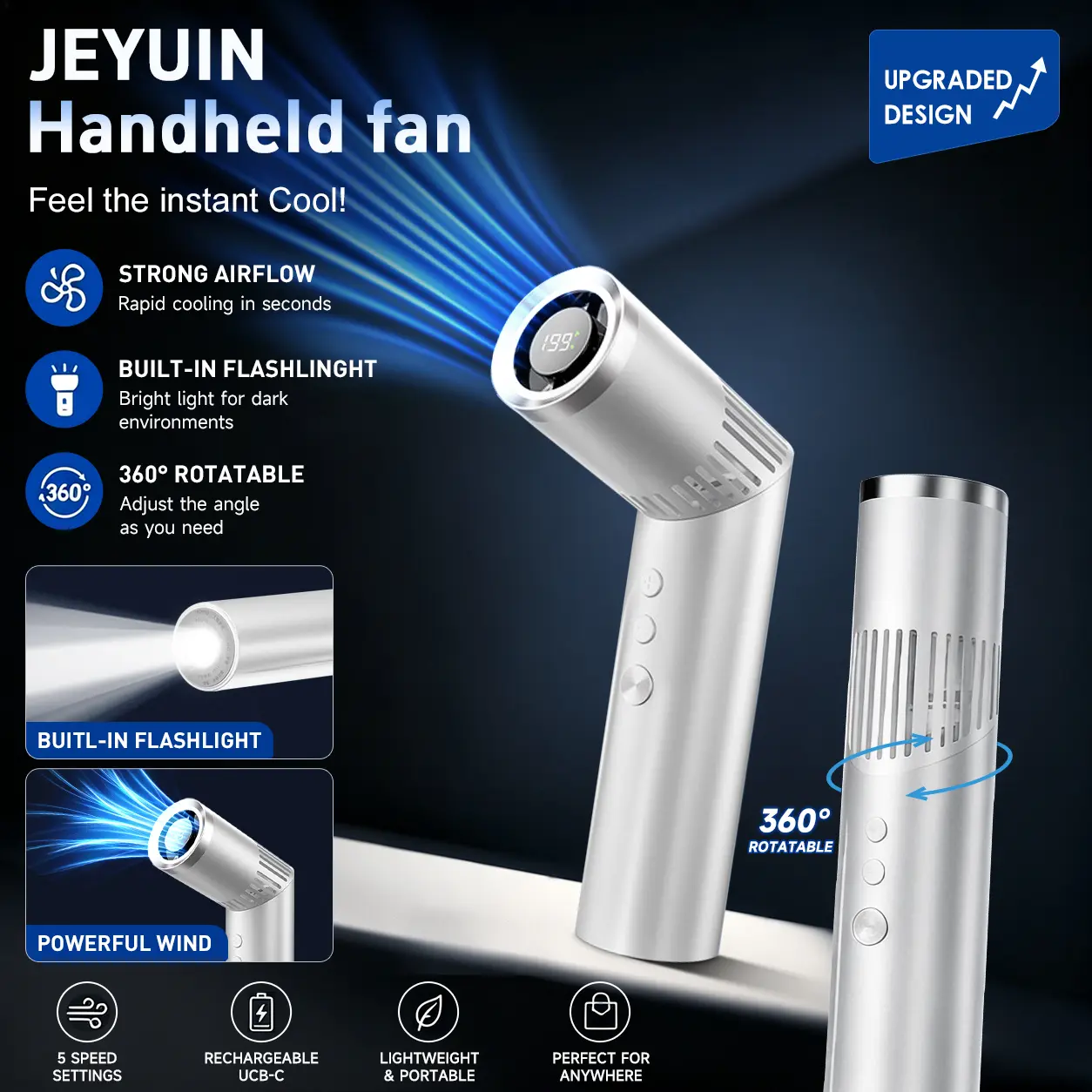 JEYUIN Classic Handheld Portable Lithium Battery Fan (Pre-Sale) - Mini USB Rechargeable, 3000mAh Built-In Batteries & Cells, Adjustable Speeds, Lightweight Pocket Size, USB Cable Compatible for Commuting, Office