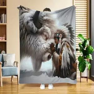 Ultra-Soft Cozy Flannel Throw Blanket - Buffalo & Native American Print, Perfect for Bed, Travel, Camping, Living Room, Office, Sofa, Chair - Warm All-Season Gift