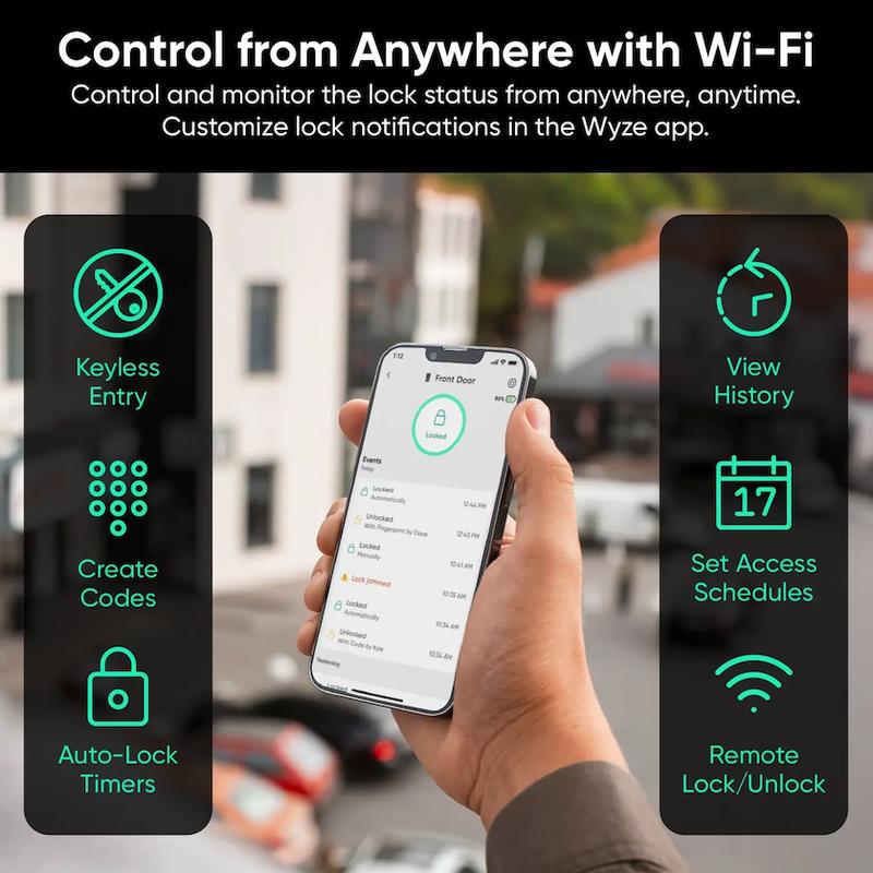 Wyze Lock Bolt v2 — Fingerprint Keyless Security Lock, Smart Wi-Fi + Bluetooth Deadbolt Replacement, IPX5 Weatherproof, Auto-Lock, Smartphone Control, Keypad