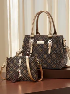 Women's Letter Print Handbag Set, Casual All-Season Shoulder Bag, Large Capacity, Adjustable Strap, Versatile Use, 2-Piece Fashion Pack, Handbag Combo