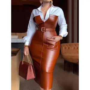 Womens Shirt Collar Dresses New Autumn Buttons Long Sleeve PU Leather Patchwork Pocket Skinny Belted Lapel Female Midi Dress