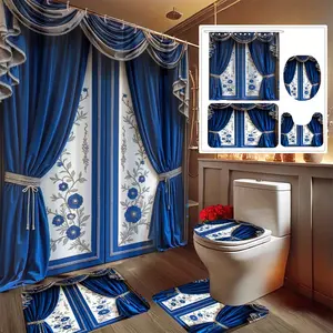 1/4pcs Valentine's Day Suffix: Circular Bathroom Decor Kit Including Toilet Lid Cover, Non-Slip Mat, 12 Plastic Hooks, Fall Shower Curtain Sets For Bathrooms, Bathroom Mats, Halloween Shower Curtains, Hookless Shower Curtain