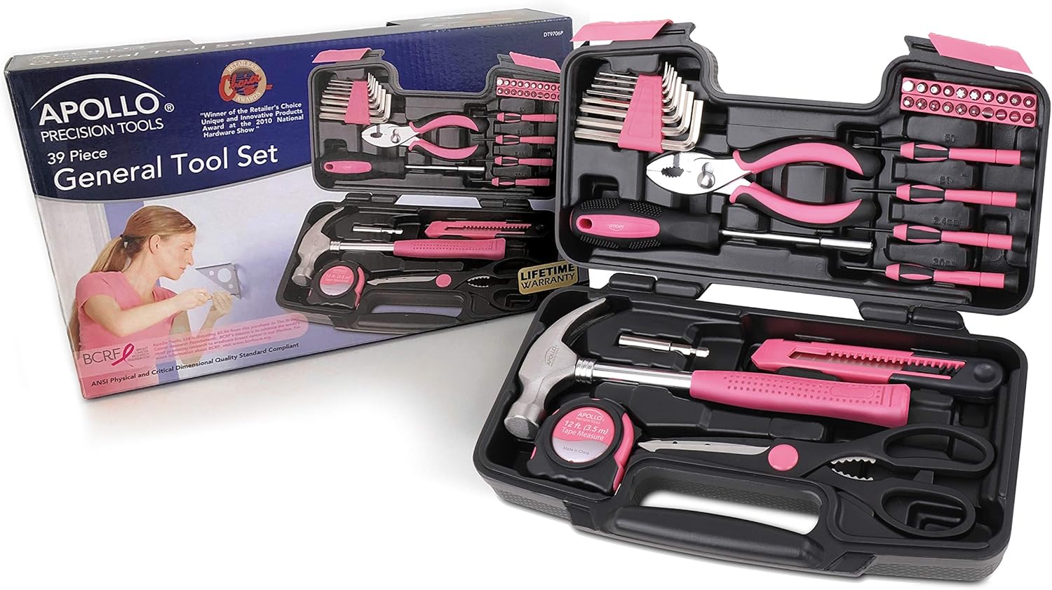 Tools Original 39 Piece General Household Tool Set in Toolbox Storage Case with Essential Hand Tools for Everyday Home Repairs, DIY and Crafts - Pink Ribbon - Pink - DT9706P