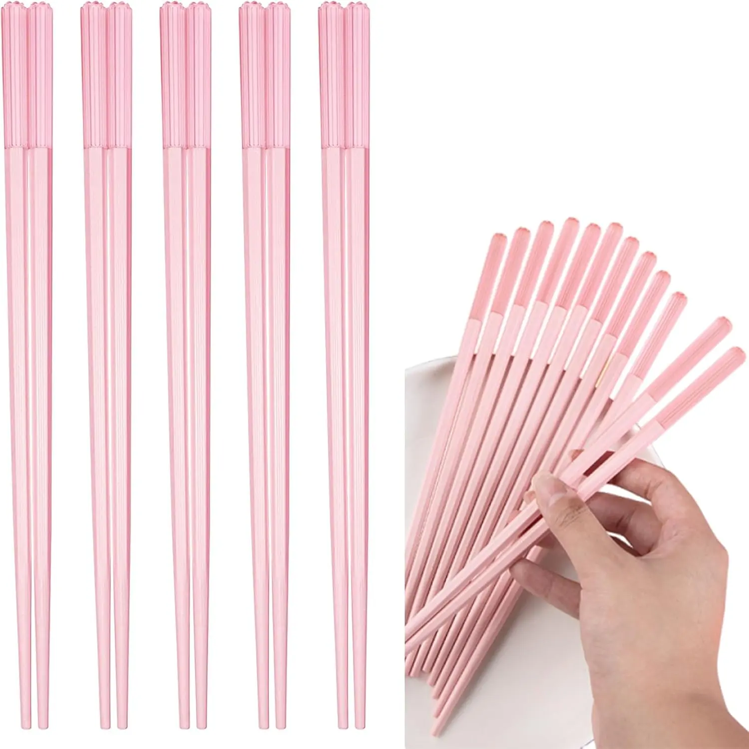 5 Pairs Fiberglass PinkChopsticks,  Reusable    Korean Chopsticks Dishwasher Safe, Non-slip and Lightweight for Party/ Family/ Restaurant/ Hotel, 9.57inch/24.3cm