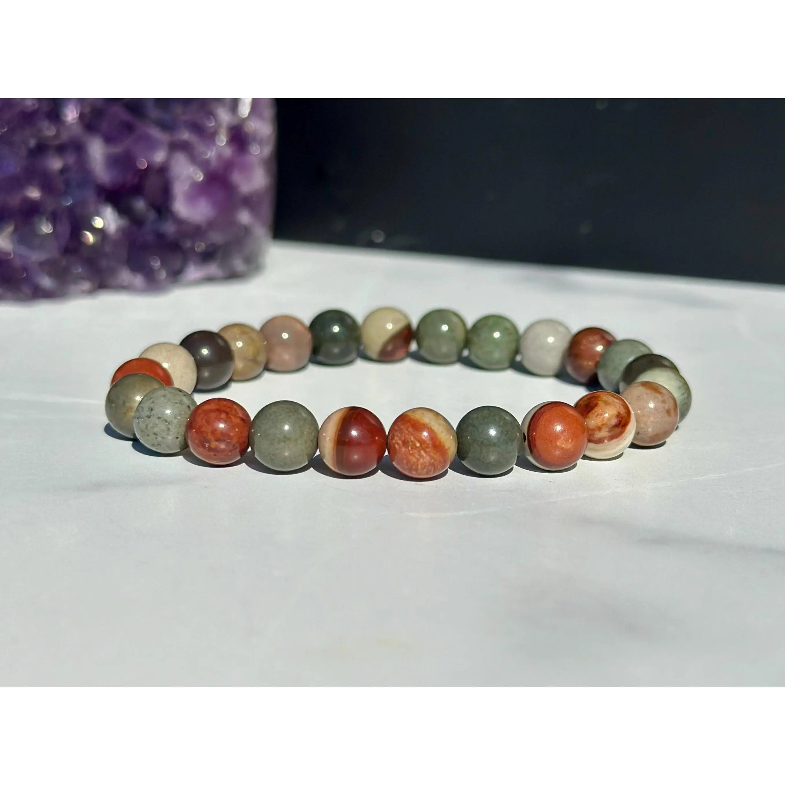 Polychrome Jasper Bracelet - 8mm Polychrome Jasper Beads - Royal Savannah Jasper Crystal Bracelet - Polished Desert Jasper Elastic Bracelet