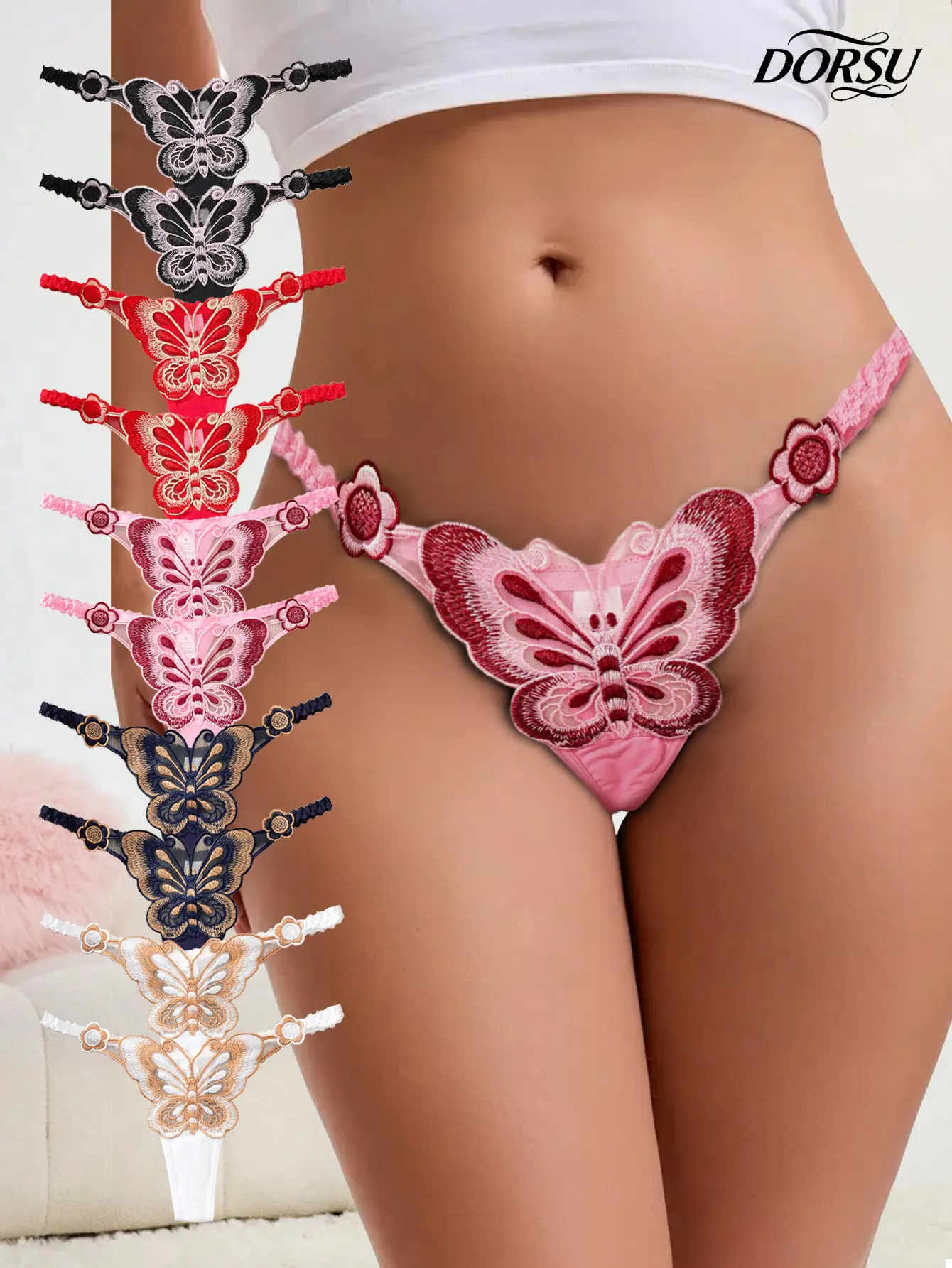DORSU 10PCS/5PCS Women's Butterfly Thong, Women's Lace Panties, Traditional Embroidery Craftsmanship, Noble and Elegant