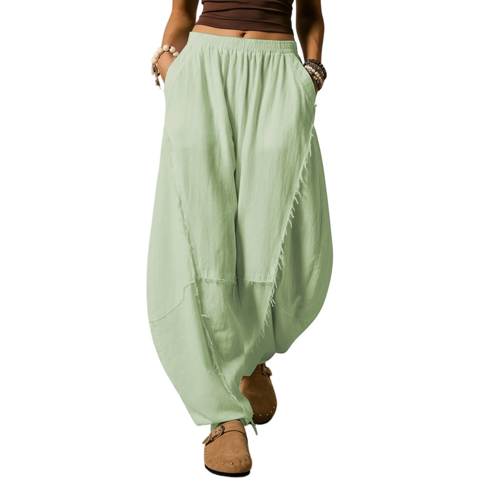 Songling Women's Bell-Bottom Pants, Wide-Leg Casual Harem Pants, Summer Boho-Style Flowy Beach Pants (with Pockets), Womenswear