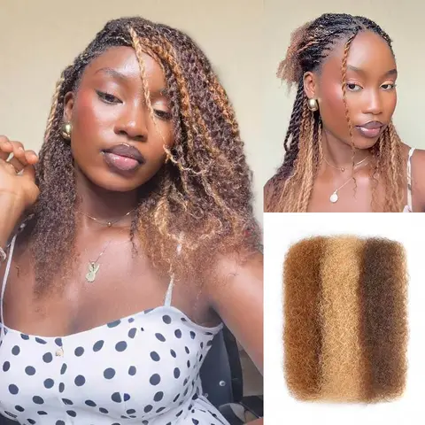 QVR 3-in-1 Natural Afro Kinky Bulk Human Hair Extensions - Kinky Curly Texture, 3 Colors #4/30/27, for Braiding and Dreadlocks, Texturizing, Daily Wear Hairpiece