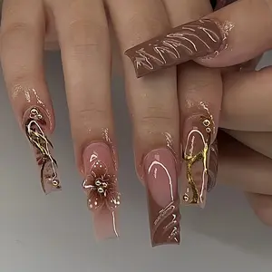 24 Pcs 3D Gradient Long Square Nails, Floral Gold Foil Design, Glossy Reusable False Nails, Y2K Style, Party Office Daily Wear