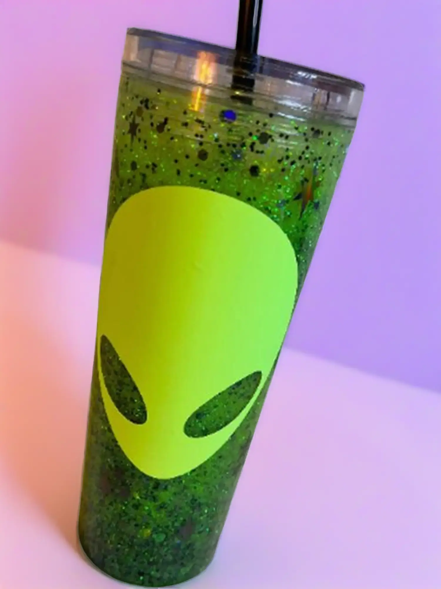 Glow in the Dark Alien Snow-Globe Drinkware Tumbler Cup, with straw and lid.