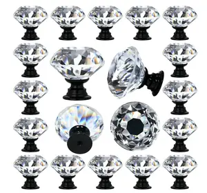 202412 PCS Clear Crystal Glass Drawer Cabinet Pulls Knobs Diamond Shape for Kitchen, Dresser, 30mm (1-1/4 "), Black Color Base