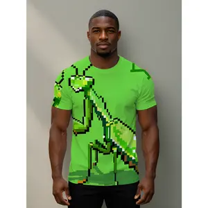 Men's 3D Digital Printed Short Sleeve Summer T-Shirt, Pixel Art Praying Mantis Graphic Tee with Bright Green Background and Orange-Brown Tips, Lightweight Cool Breathable Polyester Fabric, Crew Neck Casual Top for Daily Wear and Outdoor Activities,