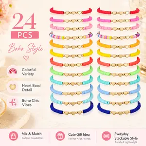 Women's 24-Pack Boho Style Beaded Stretch Friendship Bracelets - Colorful Heart Costume Jewelry, Durable Daily Accessory, Surfer Party Favors