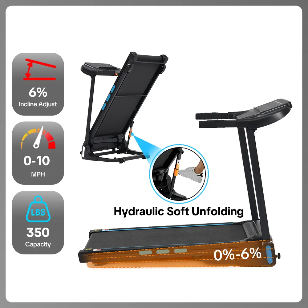 Heavy-Duty Walking Pad Treadmill 350LBS Capacity, Extra Sturdy Steel Frame with Handrail, 6% Incline, 10MPH, Hydraulic Folding Treadmill for Home Gym