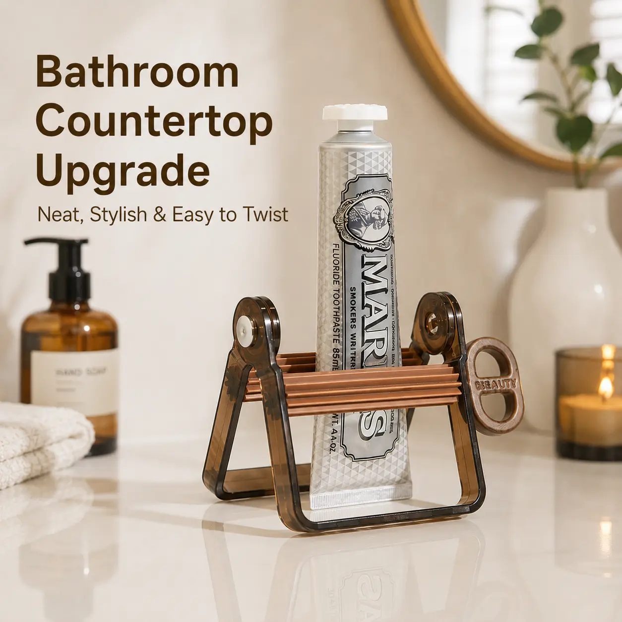 Compact Translucent PVC Big Squeeze Tube Squeezer - Amber Brown Rotating Roller with Countertop Holder, Reusable for Toothpaste, Kitchen Cleanser, Hand Cream