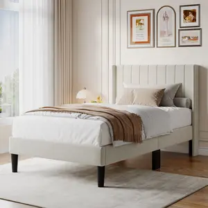 Sweetcrispy Queen Bed Frame - Upholstered Velvet Platform Bed Frame with Channel Tuft Padded Wingback Headboard, Padded Back, Modern Indoor Bedroom Accent Furniture, Bed Frames