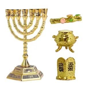 7 Branch Menorah Set with Ten Commandments Tablets, Aaron’s Rod & Manna Pot, Gold Plated Judaica Temple Replica Decor for Home & Church