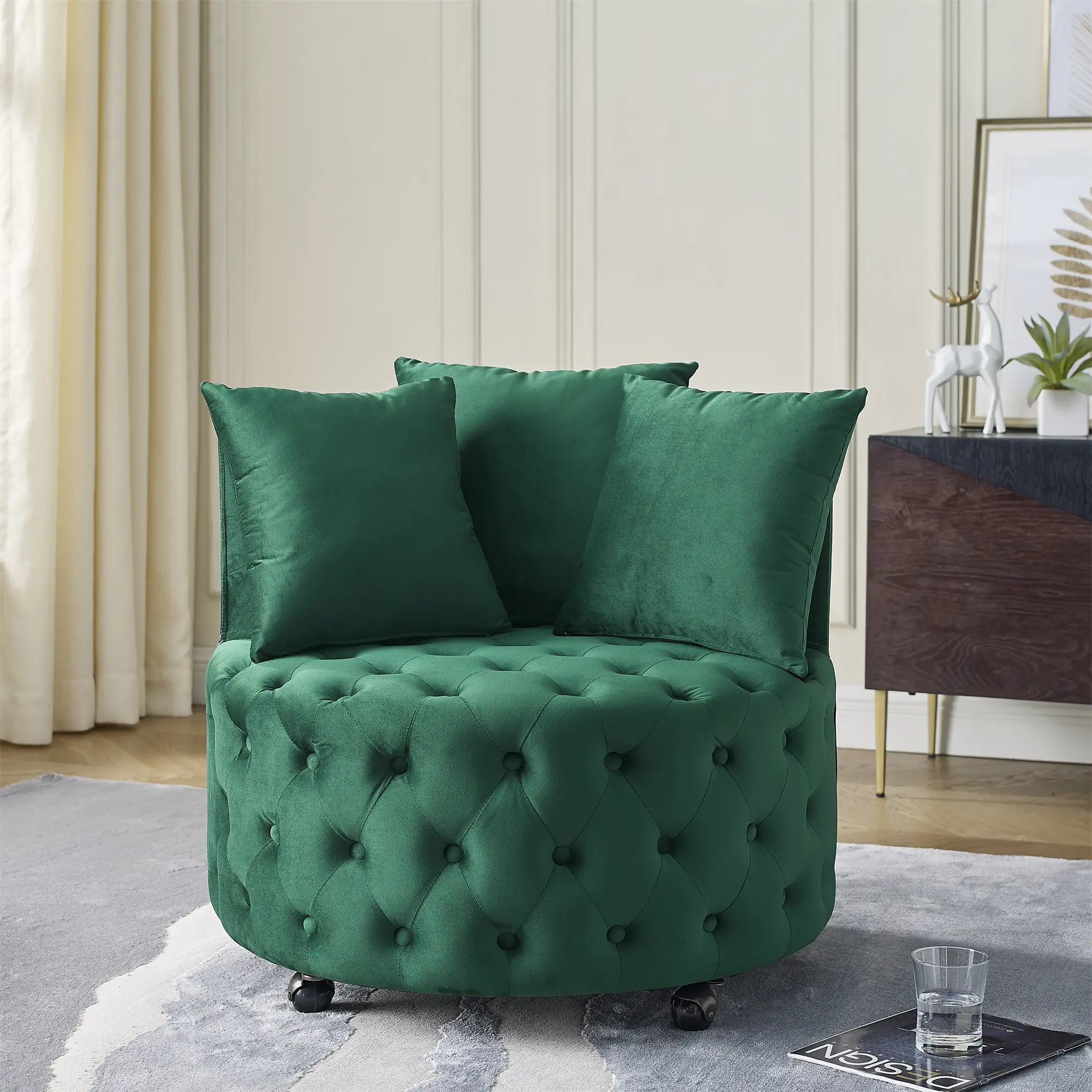 Swivel Barrel Accent Chair, 30” Modern Velvet Round Swivel Chair with 3 Pillows and Wheels, Comfy Tufted Single Club Sofa Lounge Chair for Living Room, Bedroom(Green)., Comfy Chairs Bedroom, Modern Upholstered Armchair