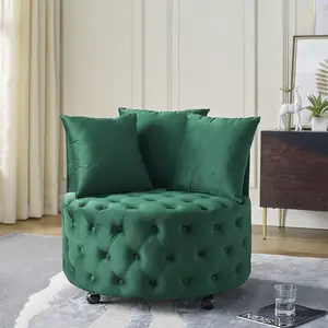 Swivel Barrel Accent Chair, 30” Modern Velvet Round Swivel Chair with 3 Pillows and Wheels, Comfy Tufted Single Club Sofa Lounge Chair for Living Room, Bedroom(Green).