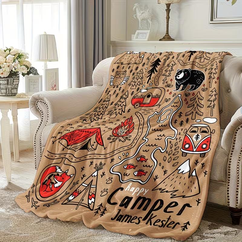 Outdoor Camping Blanket Featuring a Full Print of Hand-Drawn Forest Animals And Camping Elements, Exuding a Vintage Feel. Suitable for Sofa Beds, Cars, And Offices, Perfect for Travel And Camping, Bringing a Dual Enjoyment of Nature And Adventure