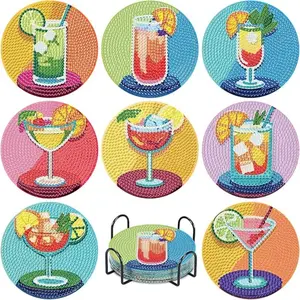 8-Piece Diamond Art Cup Mat Set with Stand, DIY Beautiful Cup Pattern Diamond Art Coaster Kit, Perfect Gift for Adults and Beginners, Diamond Painting Kits