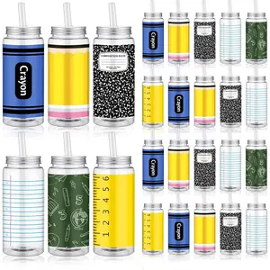 Meanplan 24 Sets Back to School Plastic Cups with Lids and Straws Bulk 14 oz Reusable Crayon Composition Book Notebook Tumbler First Day of School Party Supplies for Daycare Preschool Kindergarten