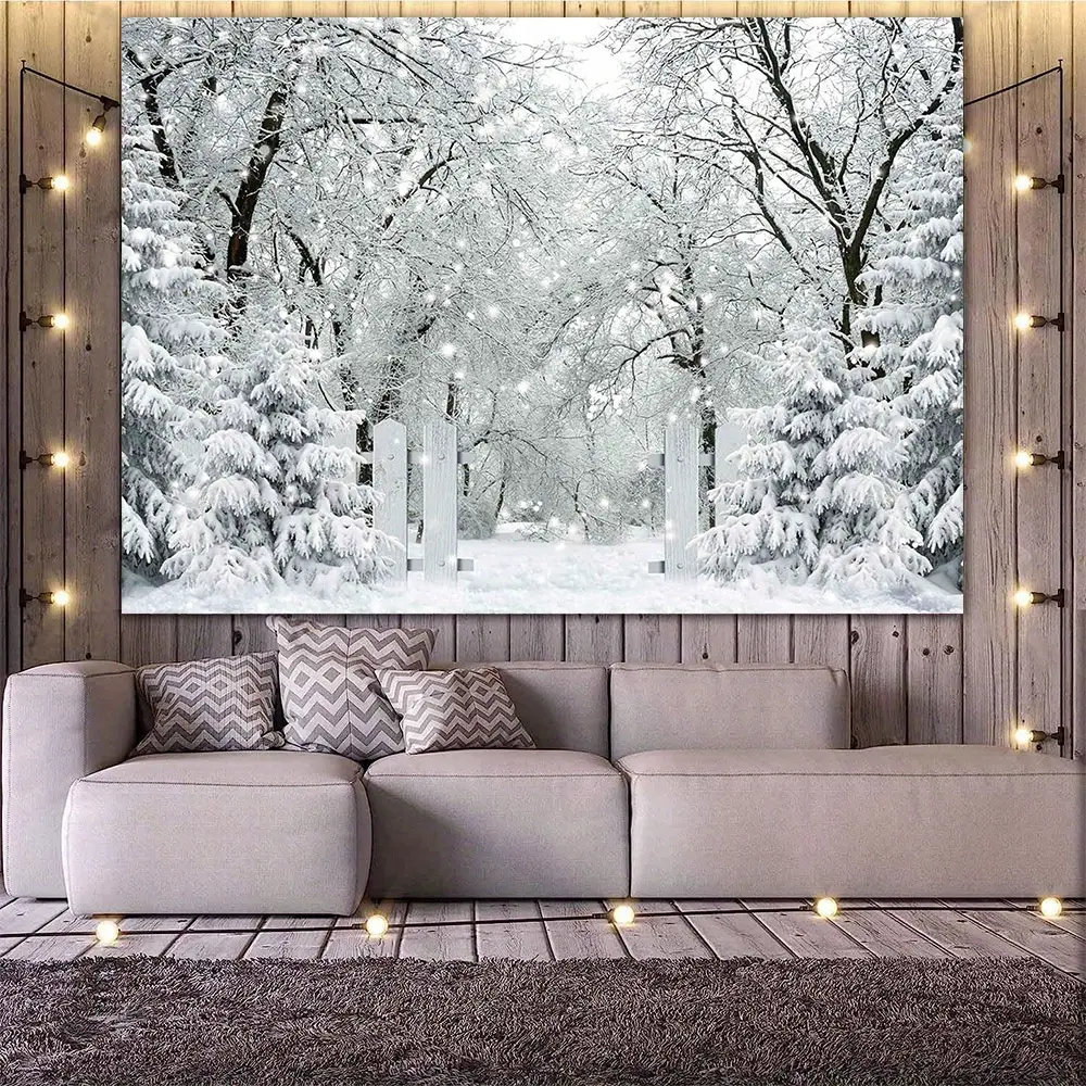 Durable Polyester Winter Wonderland Snowflake Forest Photography Backdrop, Elegant White Snow-Covered Trees & Stone Pathway, Festive Party Decor Banners for Christmas, Weddings
