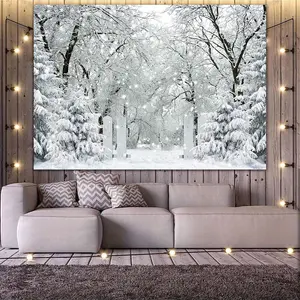 Winter Wonderland Snowflake Forest Scene Photography Backdrop Elegant White Snow-Covered Trees Stone Pathway Perfect for Christmas Holiday Parties Weddings Birthdays Graduations Durable Polyester Fabric