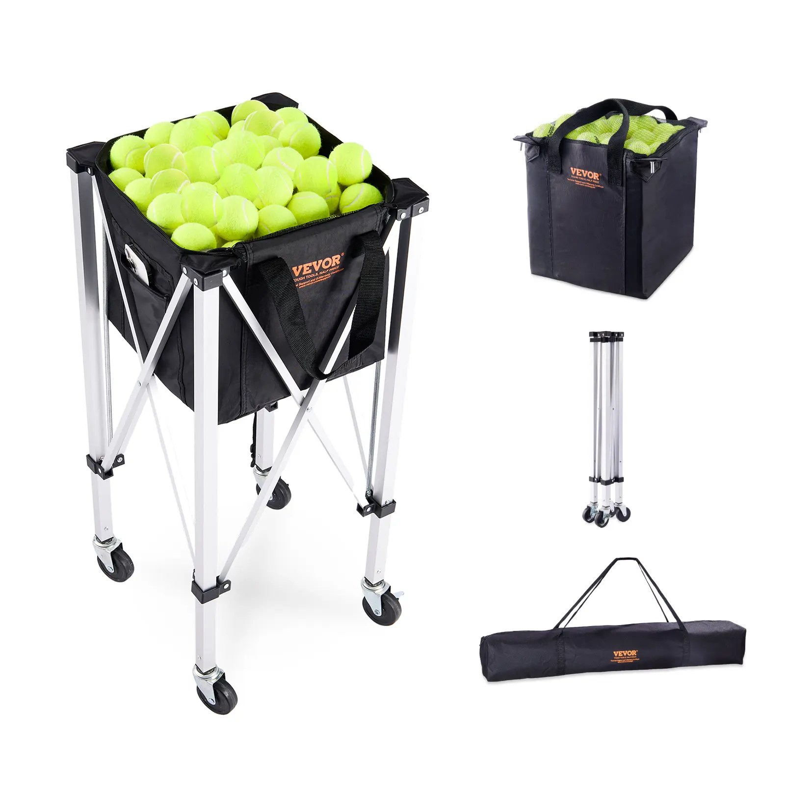 【summerfinds】VEVOR Foldable Tennis Ball Hopper, Holds 180 Tennis Balls, Lightweight Aluminum Alloy Tennis Ball Basket Cart with Wheels, Removable Bag, Carry Bag, Portable Sports Teaching Cart for Tennis Player