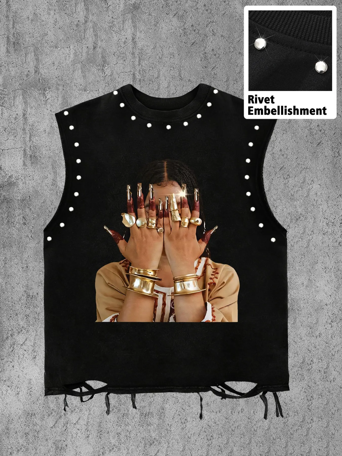 Men's Sleeveless Rivet Vest, Street Hip-Hop Graphic Print, Loose Short Fit, Hem Cut Design, Casual Daily Wear, Gym, Music Festivals, Casual Tank Top, Urban Street Tank, Sleeveless Tank Tops