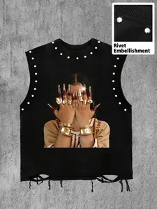 Men's Sleeveless Rivet Vest, Street Hip-Hop Graphic Print, Loose Short Fit, Hem Cut Design, Casual Daily Wear, Gym, Music Festivals