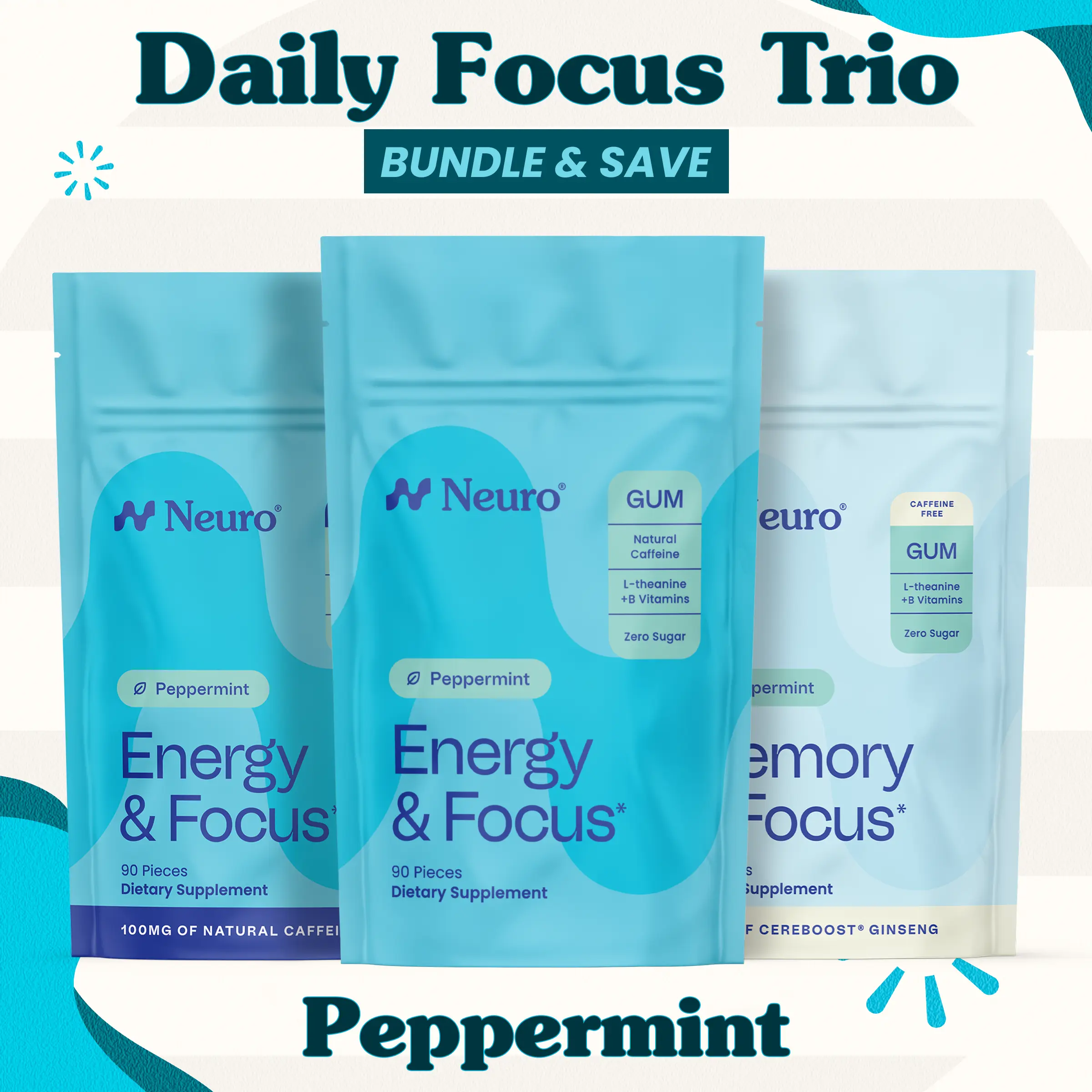 Daily Focus Trio - 0mg, 40mg & 100mg Caffeine Gum - Peppermint (3-Bulk Pouches) Daily Focus Trio - 0mg, 40mg & 100mg Caffeine Gum - Peppermint (3-Bulk Pouches)