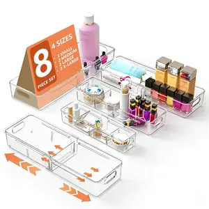8 Pcs Expandable Clear Drawer Organizers, Adjustable Drawer Organizer Bins with Dividers, makeup organizer for drawer, drawer organizer bathroom for Vanity, Junk Drawer & Office