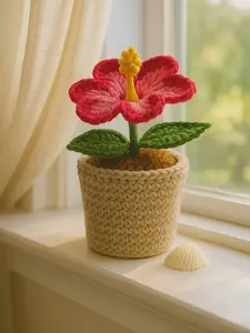 Crochet Hibiscus Flower in Pot – Pink Yarn Bloom Gift for Mom, Grandma, Teacher or Friend